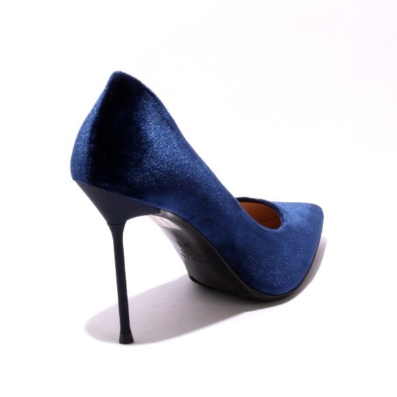 ITALIAN Navy Velour Leather Pointy Heel Pumps - Picture 4 of 8